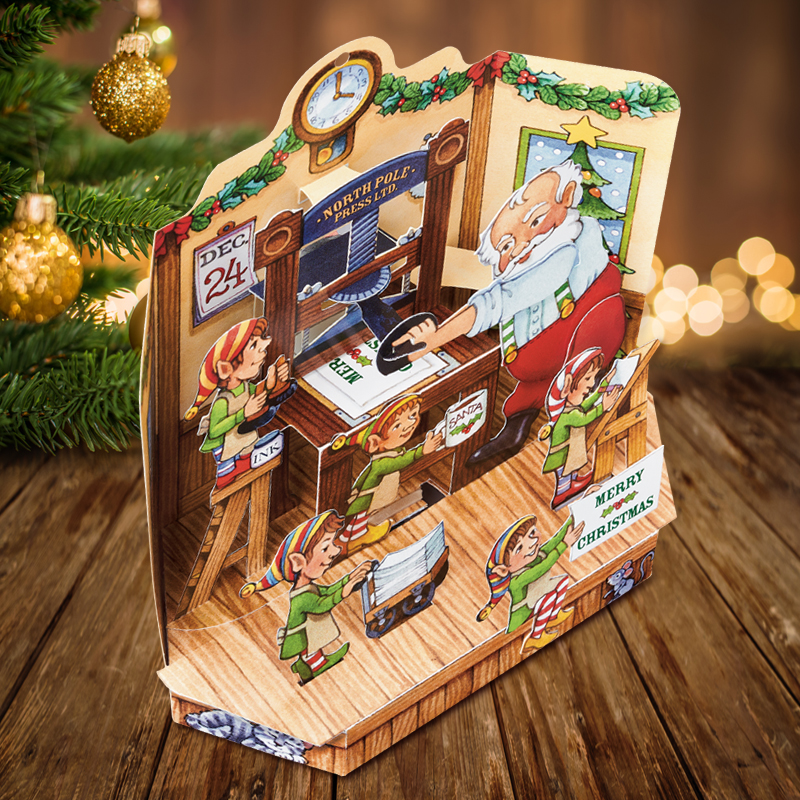Santa's Print Shop Pop Up Christmas Card Side View