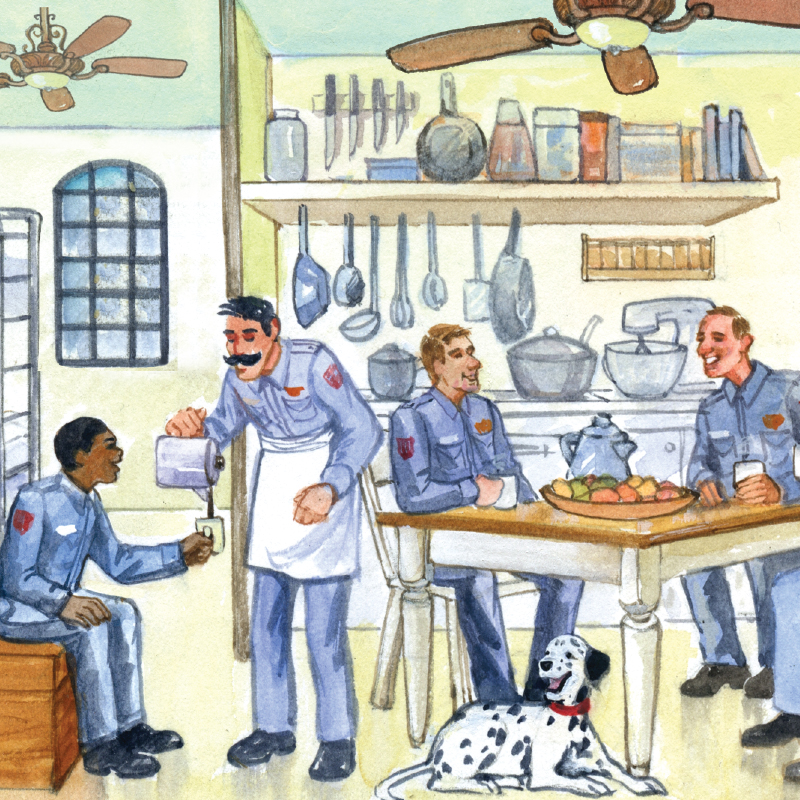 Fire Station Pop Up Christmas Card Ornament - Detail Fireman Cooking Holiday Meal