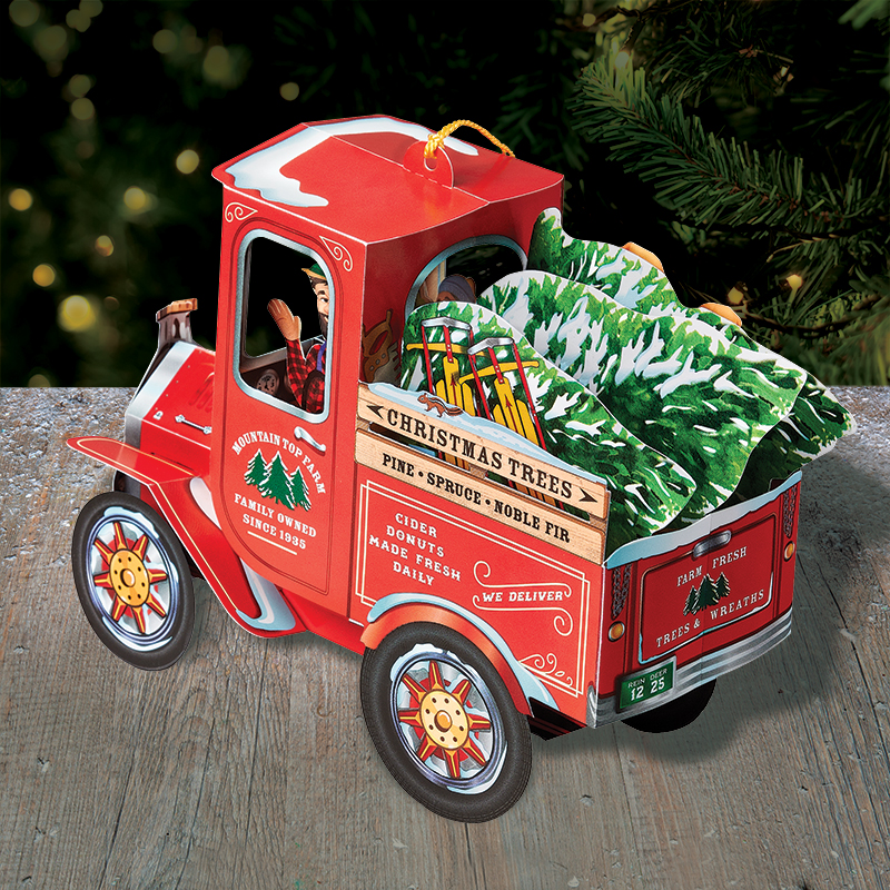 Tree Delivery Pickup Truck Pop-Up Christmas Card Ornament - Image 3