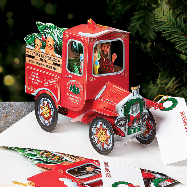 Tree Delivery Pickup Truck Pop-Up Christmas Card Ornament
